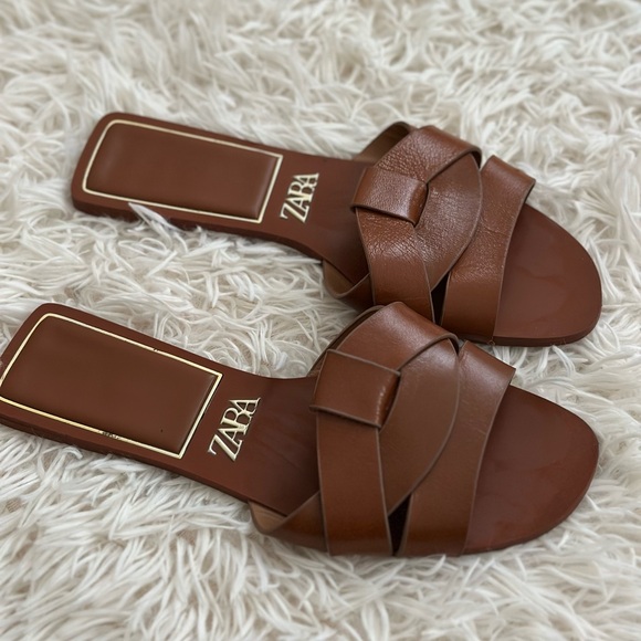 Zara Brown Braided Leather Slide Sandals - Picture 5 of 5